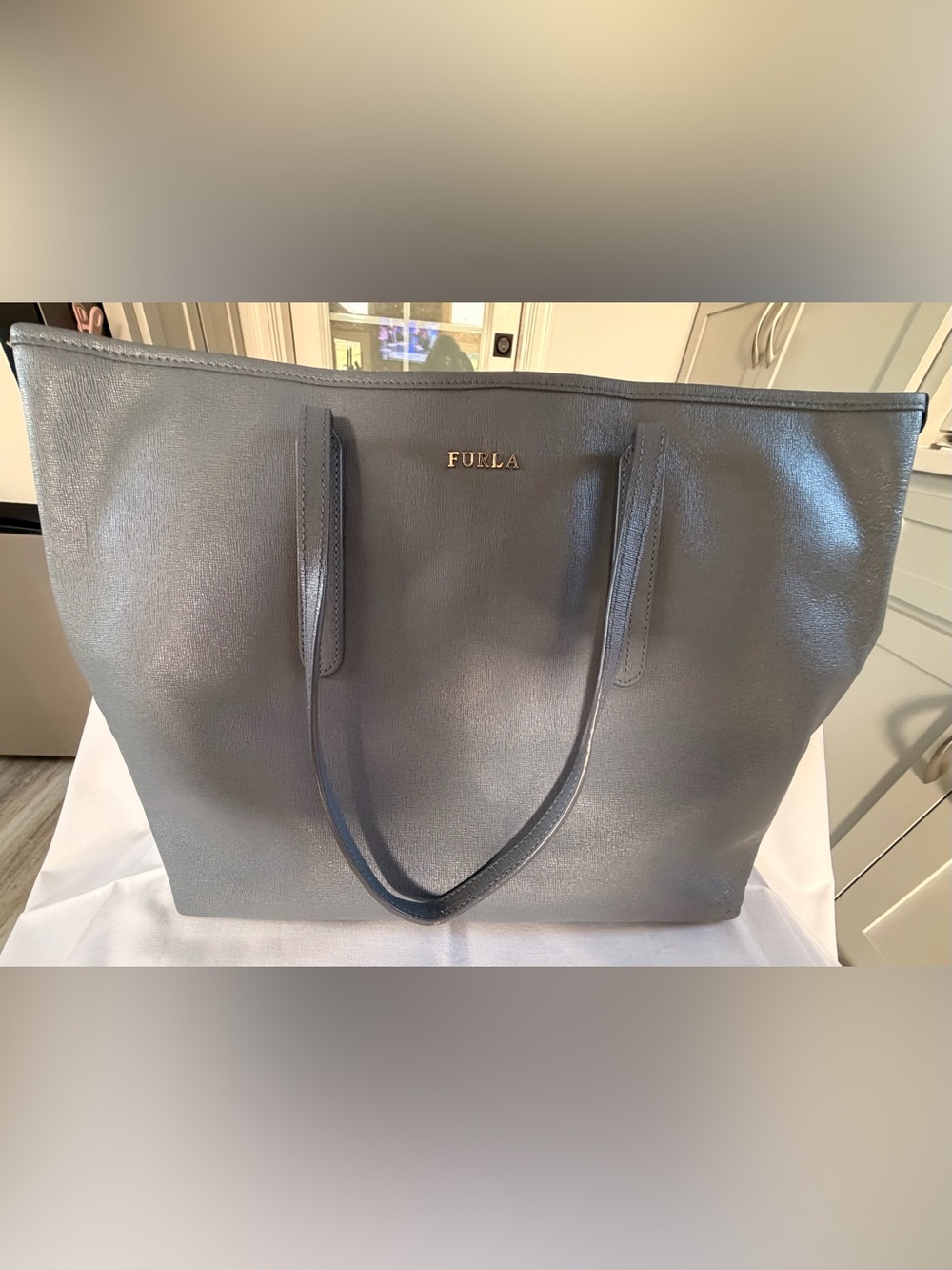 Furla Silver-Gray Blue Leather Tote Shoulder Bag